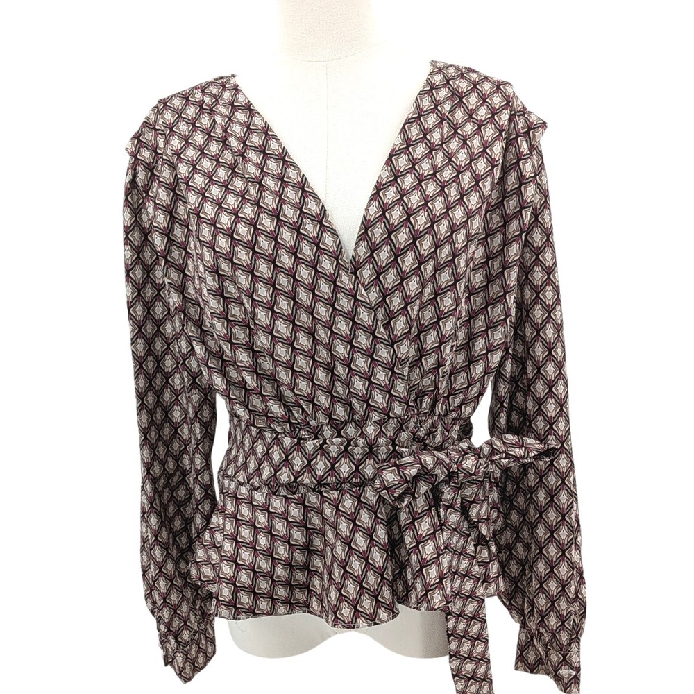 Milk‎ & Honey Wrap Top – Retro Geometric Print Peplum Blouse, Size M